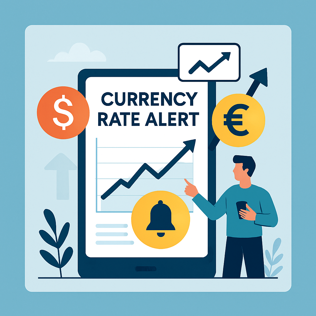 Illustration of a person setting a currency rate alert on a digital device, with currency symbols and an upward trend graph.