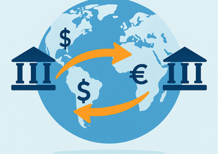 Illustration showing what a wire transfer is — money moving between banks across countries, with dollar and euro signs over a world map.