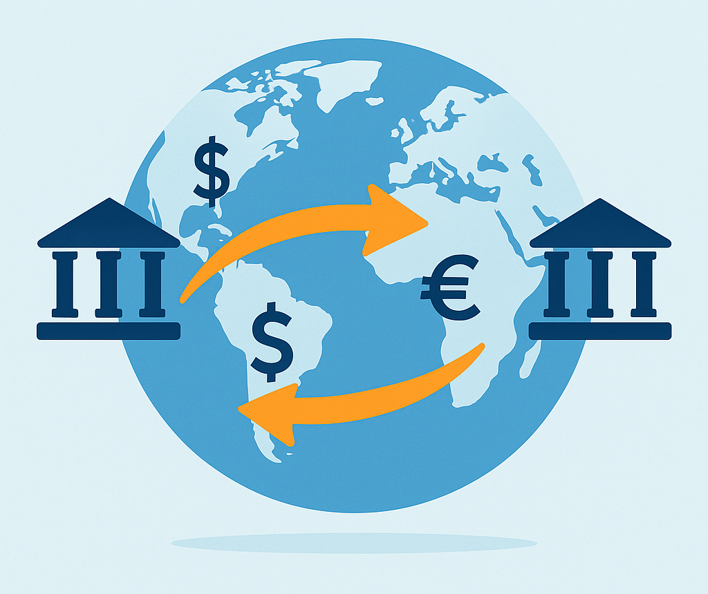 Illustration showing what a wire transfer is — money moving between banks across countries, with dollar and euro signs over a world map.