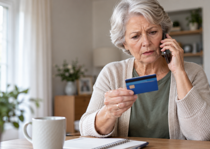Older woman holding a bank card and looking concerned while speaking on the phone.