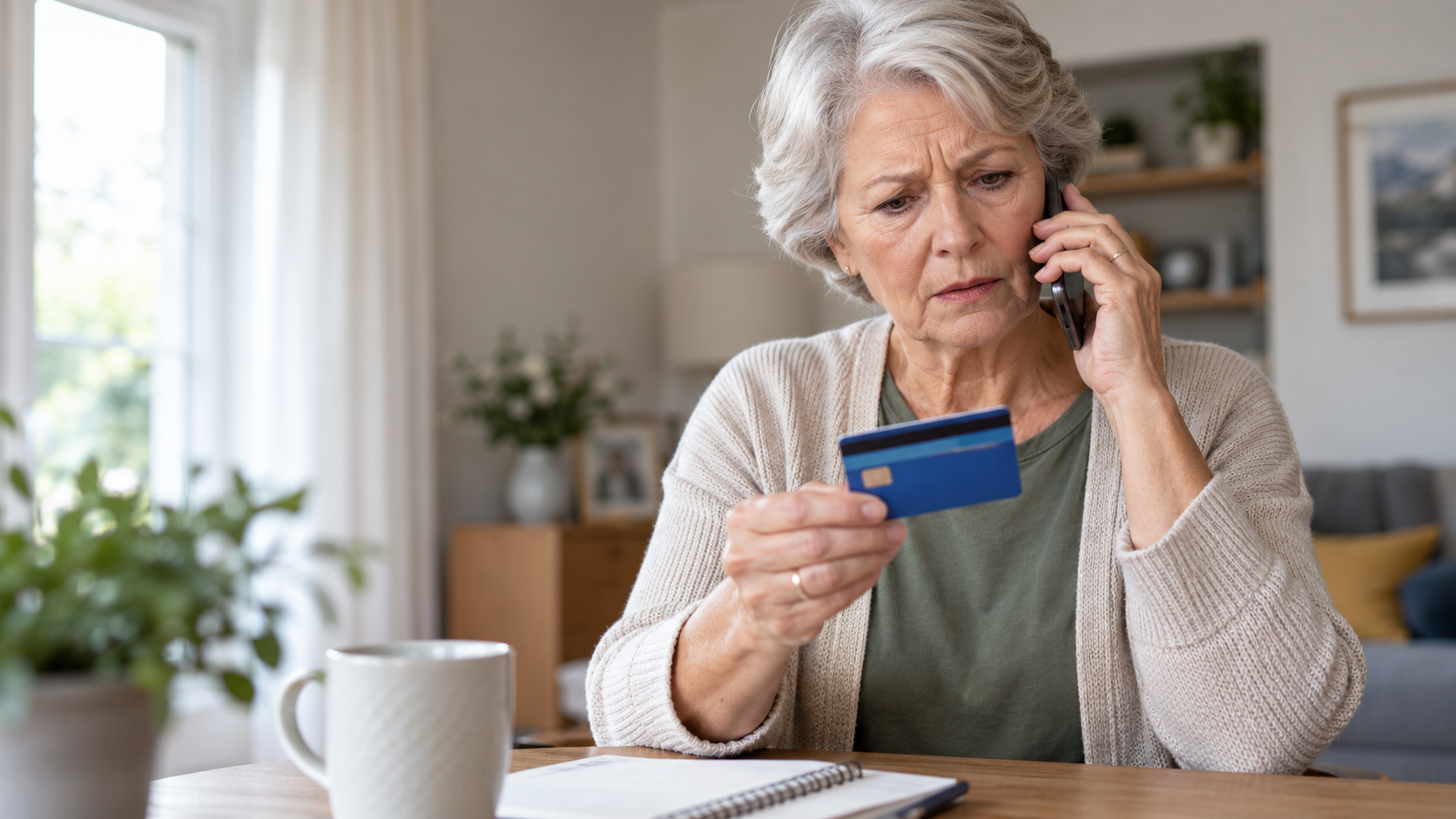 Older woman holding a bank card and looking concerned while speaking on the phone.