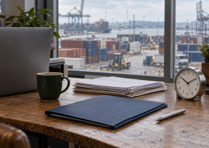 Desk overlooking a shipping port, with payment paperwork and a clock illustrating international payment delays.