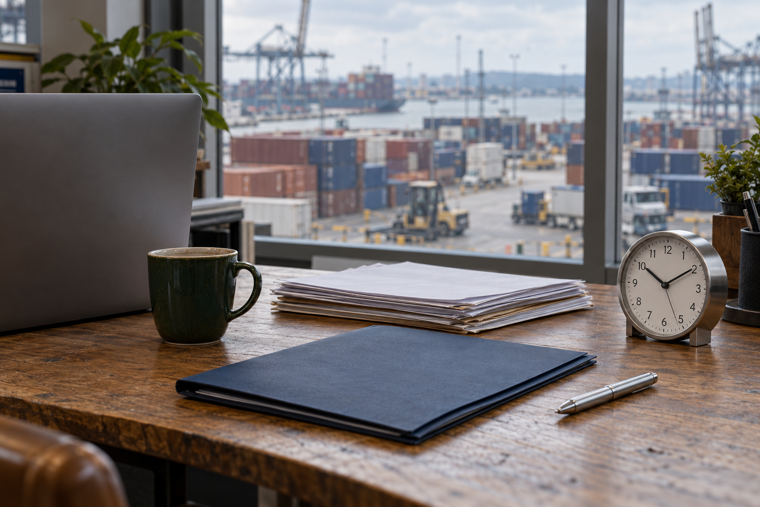 Desk overlooking a shipping port, with payment paperwork and a clock illustrating international payment delays.