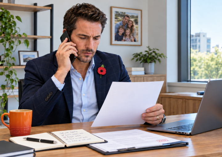 Businessman reviewing an invoice and verifying payment details by phone to help prevent business payment fraud.