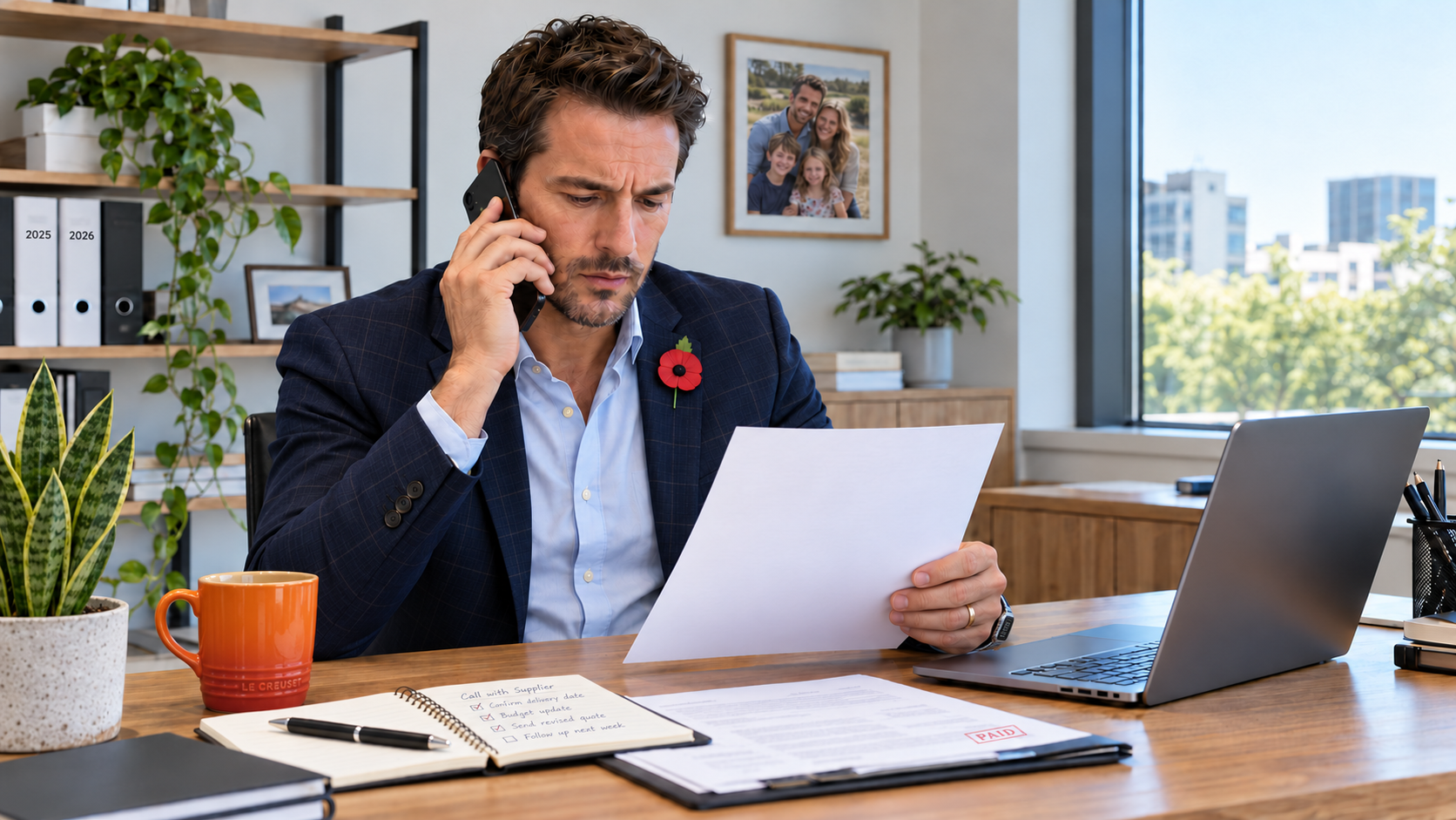 Businessman reviewing an invoice and verifying payment details by phone to help prevent business payment fraud.